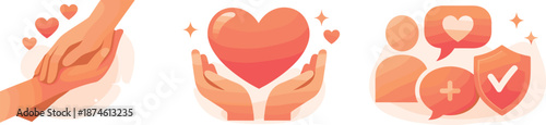 Empathy Icons Design. Empathy-oriented environment visualized as helping hands, heart motifs, and supportive icons promoting