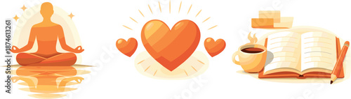 Gratitude Practice Icons. Reflection-oriented scene illustrated via meditation icons, heart motifs, and journaling symbols