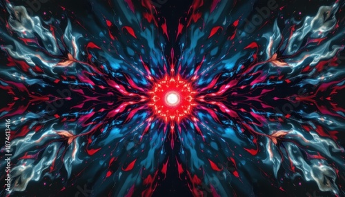 Vibrant Abstract Composition with Red and Blue Swirls Radiating from Bright Center in Dynamic Design