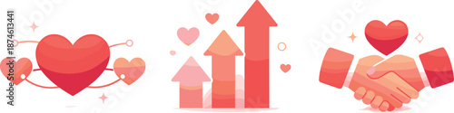 Relationship Growth Icons. Connection-focused landscape illustrated through heart icons, upward arrows, and handshake symbols