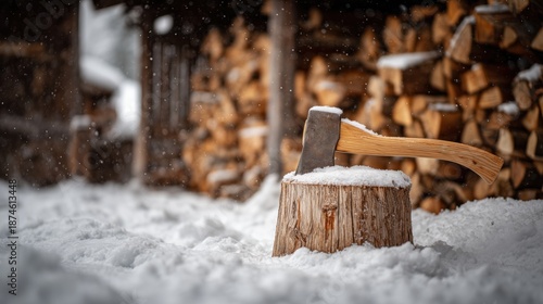 Traditional wooden axe stuck in a chopping block during winter snow