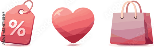 February Shopping Promotion. Sales-oriented environment visualized as discount tags, heart symbols, and shopping bag icons