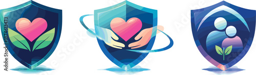 Shield of Emotions. Future-focused protective ecosystem expressed through adaptive shield icons, heart symbols, and supportive