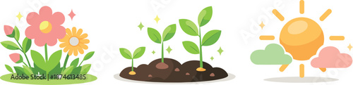 Spring Renewal Icons. Growth-focused landscape illustrated through blooming flowers, sprouting plants, and sun icons representing