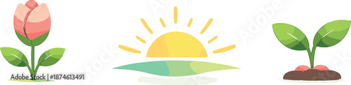 Renewal Icons Illustration. Renewal-oriented environment visualized as budding flowers, sunrise symbols, and sprouting leaves