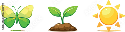 Nature's Awakening Icons. Freshness-oriented scene illustrated via butterfly icons, sprouting plants, and sun symbols promoting