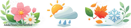 Seasonal Transition Symbols. Nature-focused framework depicted through blooming flowers, leaf motifs, and weather symbols