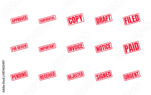 Group of red rubber stamps indicating document status: approved, confidential, copy, draft, filed, for review, important, invoice, notice, paid, pending, received, rejected, signed, urgent.