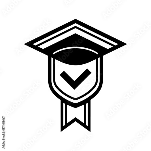 Graduation badge with a check mark, representing academic achievement, certification, and completed education goals.
