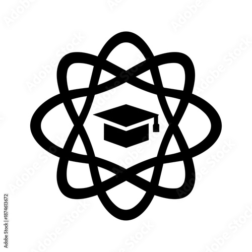Science and education symbol showing a graduation cap inside orbital paths, representing knowledge, research, and learning success.
