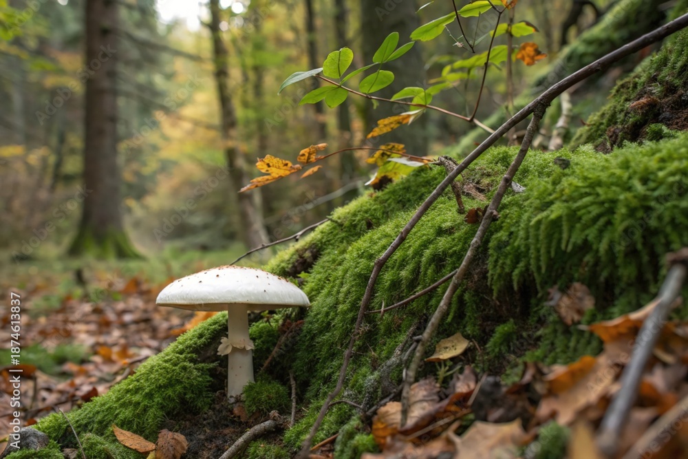 Fototapeta premium A mushroom is sitting on a mossy log in a forest