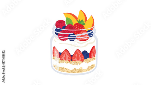 Delicious and healthy breakfast parfait beautifully layered in a clear glass jar, featuring creamy yogurt, crunchy granola, fresh strawberries, blueberries, raspberries, and sweet peach slices.