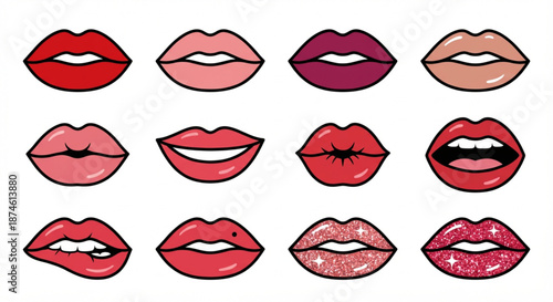 Collection of diverse stylized lips and mouths, showcasing various colors and expressions for beauty and fashion themes