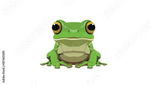 Adorable cartoon-style green frog with strikingly large and expressive yellow eyes, sitting peacefully and looking directly forward, capturing a charming animal portrait.