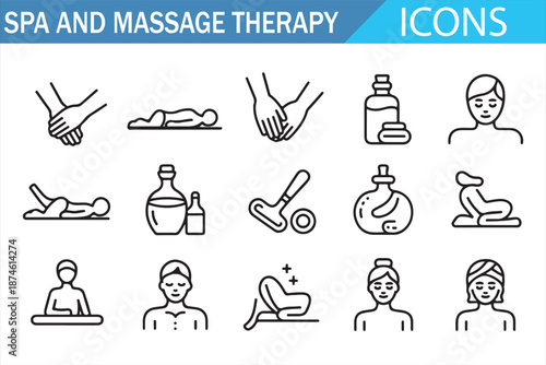 Minimal Line Spa and Wellness Icons Featuring Massage, Therapy and Skincare Elements