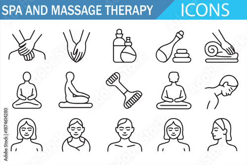 Body Relaxation and Spa Therapy Outline Pictograms Set for Medical and Wellness Design