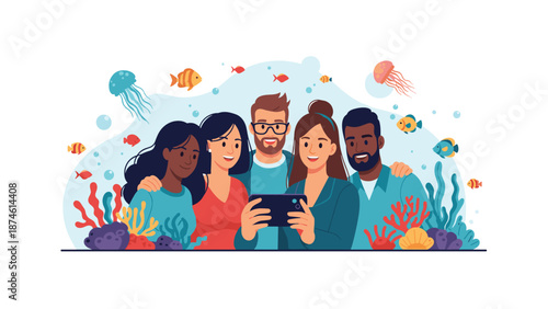 Vibrant group of diverse friends joyfully capturing a collective selfie with a smartphone, standing before a lively aquarium filled with various fish, graceful jellyfish, and intricate coral.