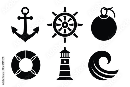 Nautical theme silhouettes with anchor and lighthouse icons