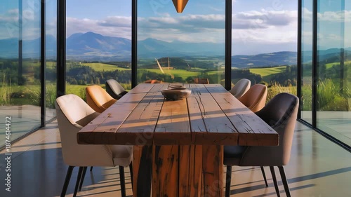 Cinematic Interior Video of Contemporary Dining Room with Panoramic Hills and Mountain View