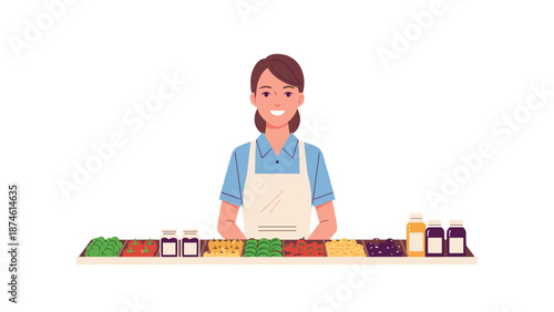 Friendly female vendor stands proudly behind her market stall filled with colorful fresh produce, jars, and bottles, ready to serve customers.