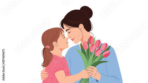 Loving mother and her sweet daughter share a tender embrace, noses touching, while holding a beautiful bouquet of pink tulips, illustrating a special bond.