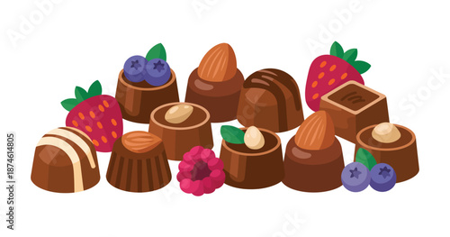 Assortment of delicious gourmet chocolates decorated with fruits and nuts, perfect for indulgence.