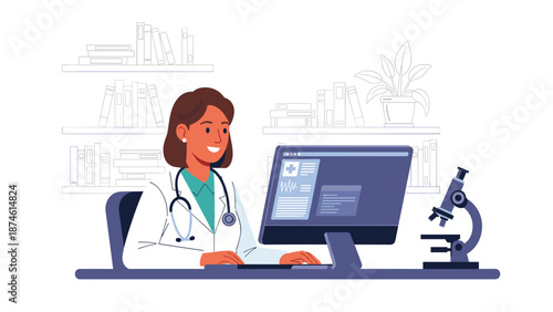 Diligent female doctor in a white lab coat and stethoscope works at her desk on a computer, with a microscope nearby, representing medical research and healthcare.