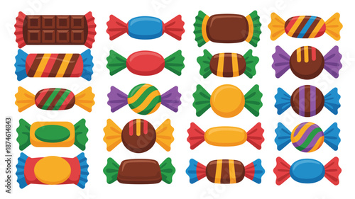 Collection of colorful wrapped candies and chocolate bars, sweet treats for celebrations and treats.