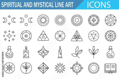 Spiritual Energy and Alchemy Line Art Icon Set