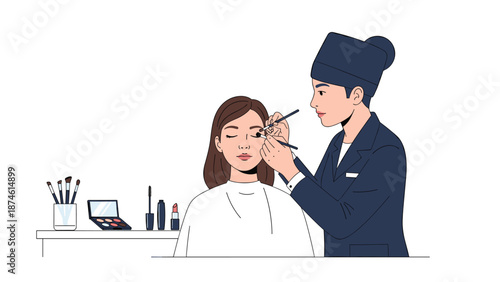 Skilled makeup artist meticulously applies eyeshadow to a female client's eyelids, surrounded by a variety of cosmetics, demonstrating beauty and artistry.