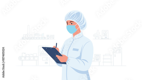 Dedicated worker in full protective gear, including a hairnet and face mask, diligently inspects a factory floor while holding a clipboard, ensuring quality control.