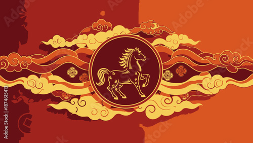 An illustration of a horse in a circular emblem surrounded by ornate designs and clouds on a red and orange background