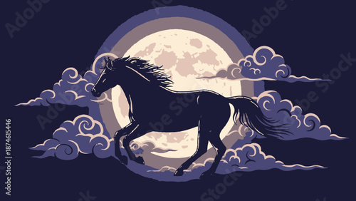 A majestic black horse running in front of a full moon surrounded by clouds