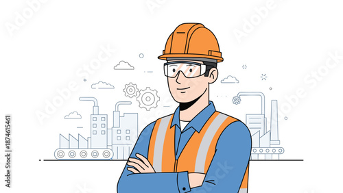 Confident engineer, wearing a hard hat and safety glasses, with arms crossed, stands in front of a factory outline, symbolizing industrial expertise and safety.