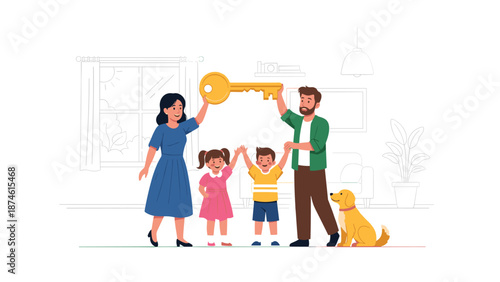 Happy family, a mother, father, and two joyful children, celebrate holding a giant golden key, symbolizing a new home, real estate, and family dreams fulfilled.