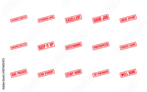 Collection of red rubber stamps with positive feedback for students and academic achievement.
