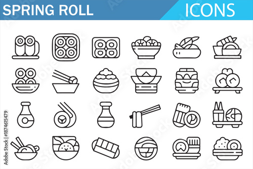 Food Delivery Line Icons Featuring Popular Asian Dishes