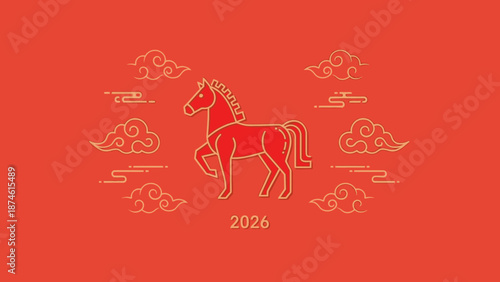 A majestic horse illustration surrounded by clouds on a red background for the year 2026