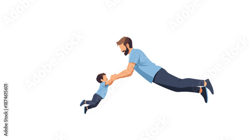 Energetic father and his young son happily engage in a playful "flying" game, holding hands, symbolizing paternal bonding, fun, and childhood joy together.