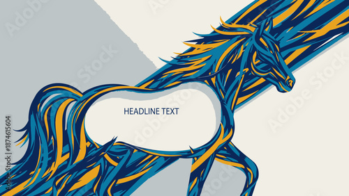 Stylized illustration of a galloping horse with abstract blue and yellow lines