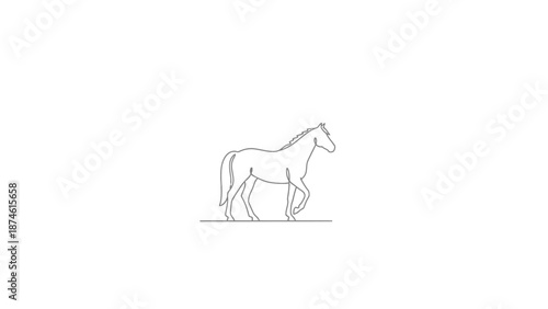 A continuous line drawing of a horse walking on a plain surface from a side view