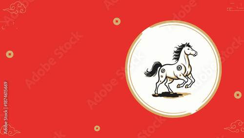 Illustration of a white horse with black mane and tail running on a red background with circular frame