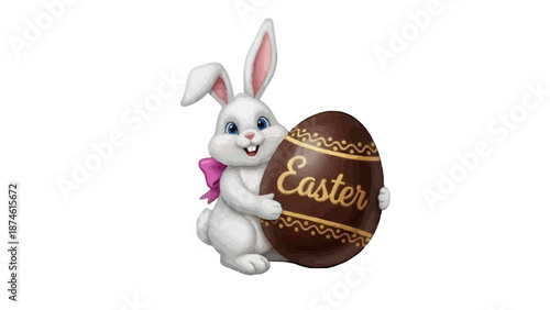 Adorable white Easter bunny holding large chocolate egg