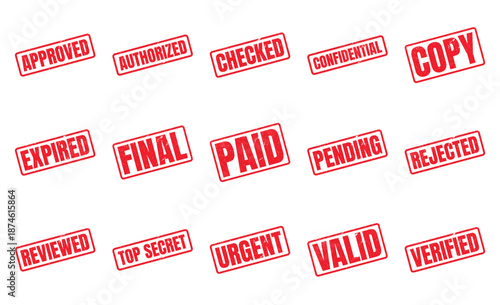 Red rubber stamp icons representing document status: approved, paid, pending, rejected, and confidential.