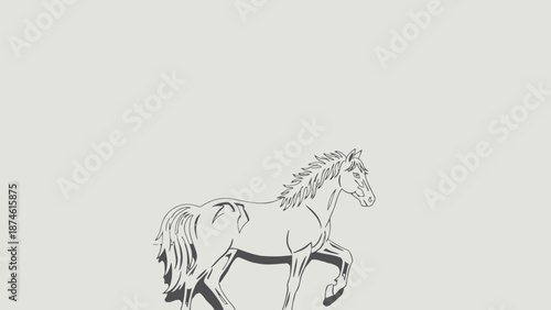 A horse is running freely in a serene landscape viewed from the side.