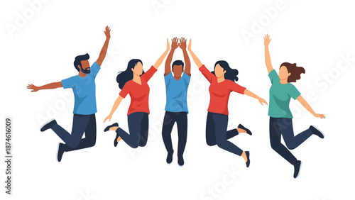 Group of diverse people jumping in celebration with joyful expressions
