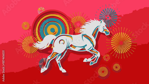 A vibrant illustration of a white horse running freely amidst colorful abstract shapes and red background