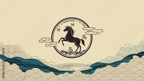 A zodiac coin featuring a horse is illustrated against a serene landscape with wavy patterns and cloudy skies