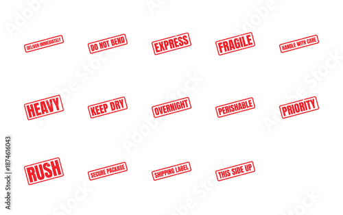 Red rubber stamps with shipping and handling instructions for package delivery services.