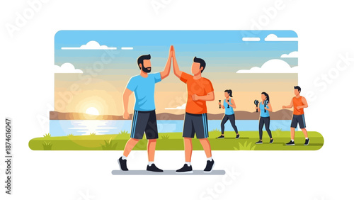 Active friends exercising outdoors at sunrise in a flat style